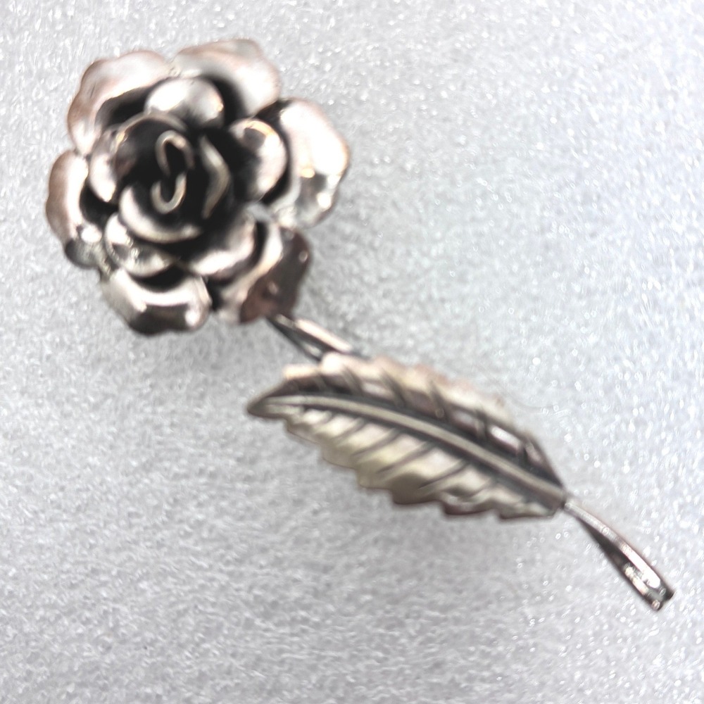 Vintage Sterling‎ Silver Jewelart Brooch Full Bloom Rose on Long Stem 2X1" 6g